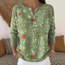 Christmas Tree Print Long Sleeve Henley Knit Top