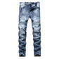 Close up of the denim weave, topstitching and rivets on the straight fit jeans