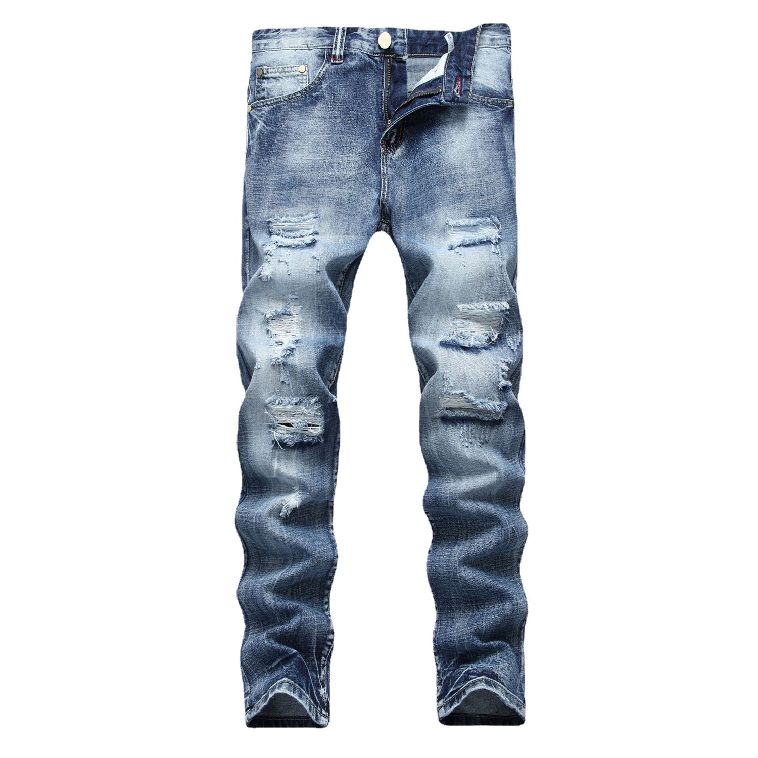 Close up of the denim weave, topstitching and rivets on the straight fit jeans
