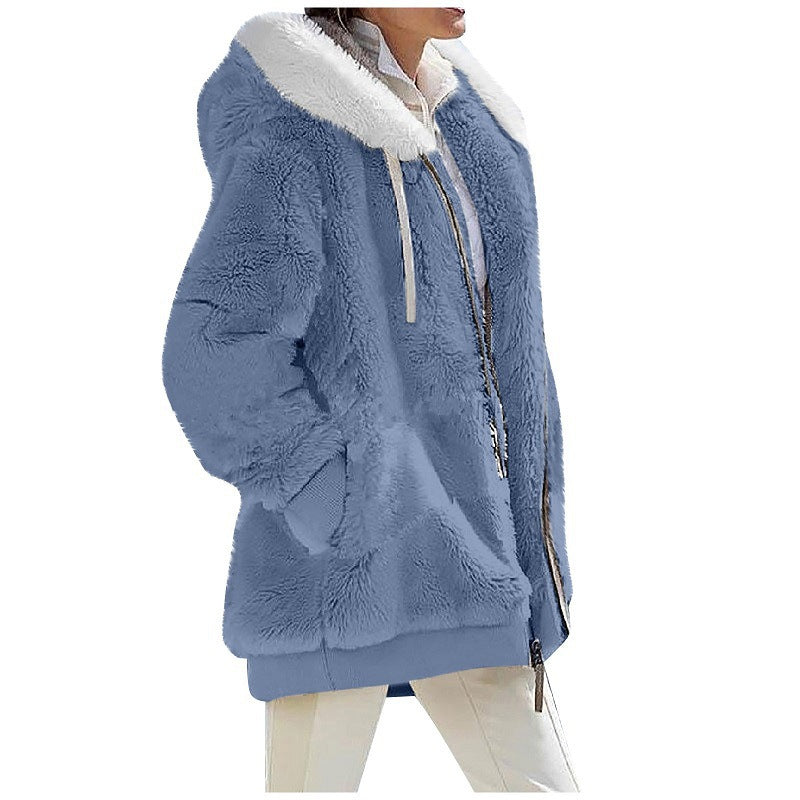 Women's loose plush hooded zip jacket with a contrast lined drawstring hood and two zip pockets