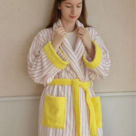 Striped Cotton Terry Bathrobe with Shawl Collar