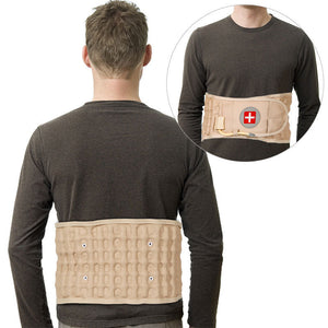 Back view of a man wearing a beige inflatable lumbar support belt with inflated air columns