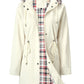 Women's windbreaker hood with its drawcord shown up around the collar