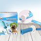 Pet shower connector hose coiled, angled view of the plastic spray head