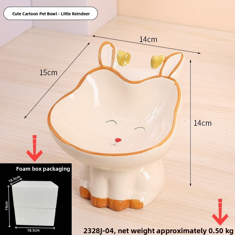 Little elk ceramic raised pet bowl with thin antlers and gold trim, 14 by 15 cm and 14 cm high