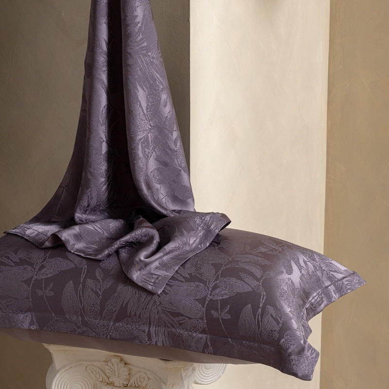 Lush Branches And Leaves jacquard silk pillowcase in deep purple with silk draped, single option