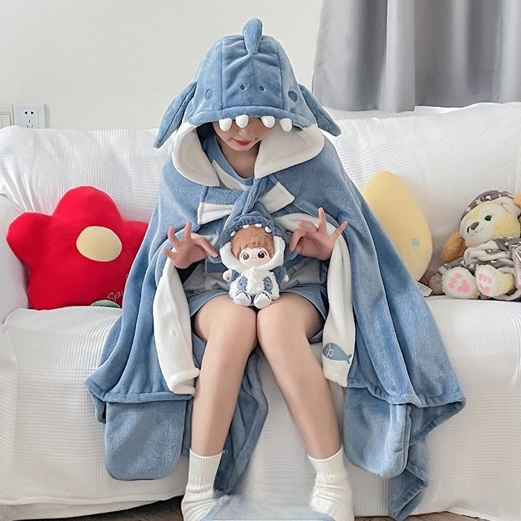 Hooded animal cape blanket opened flat to show its wide soft flannel body