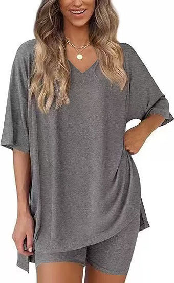 Dark Gray milk silk V neck loungewear set, oversized top and matching shorts, size S