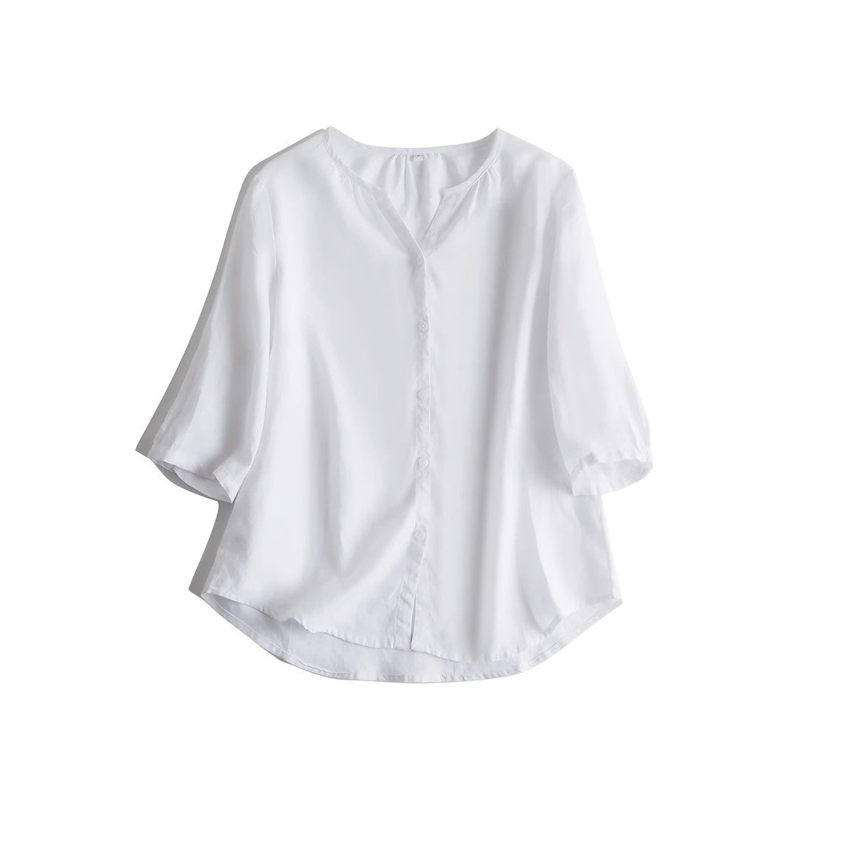 Loose fit linen shirt with a collarless V neck shown flat