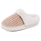 Plush corduroy slipper worn indoors with faux fur trim and thick EVA base