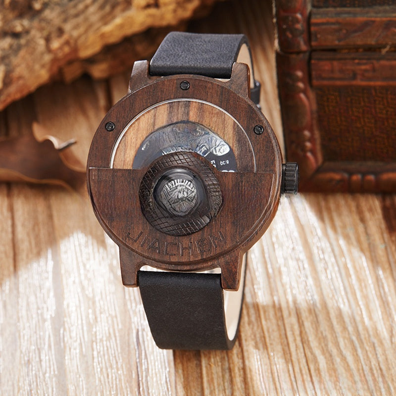 Top down view of the wooden compass watch with dial and strap flat