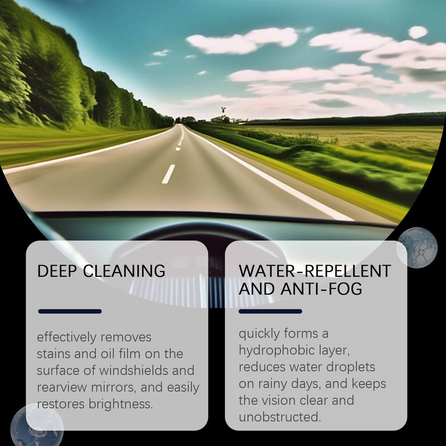 Maker panel over a road view describing deep cleaning and a water repellent glass film