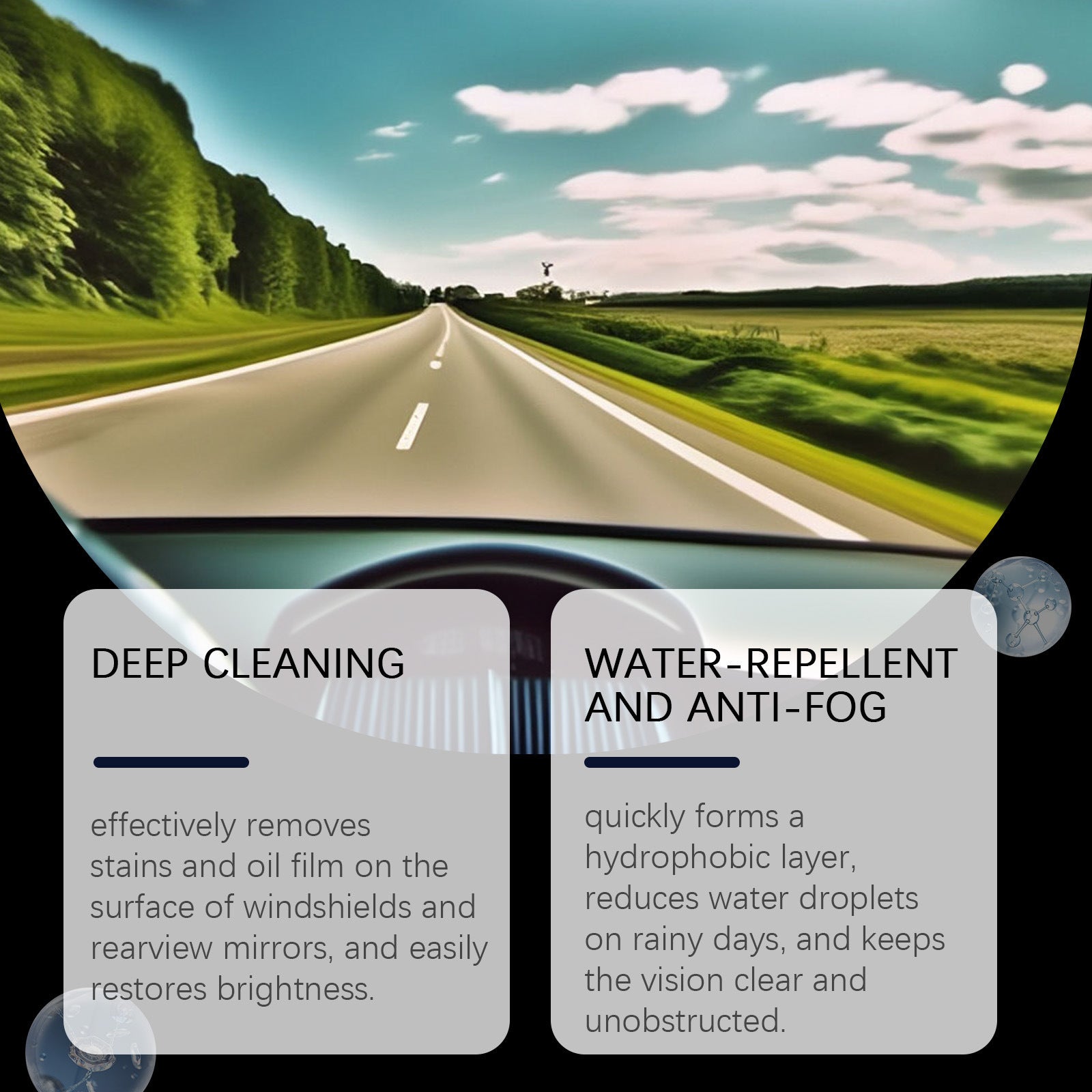 Maker panel over a road view describing deep cleaning and a water repellent glass film