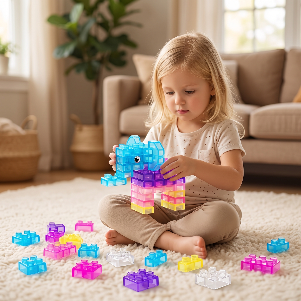 Young girl building a translucent block elephant on a living room rug