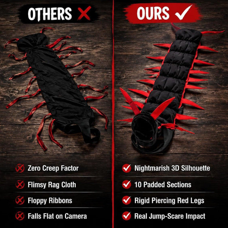 Comparison graphic of a flat floppy costume beside a padded black centipede costume with red legs