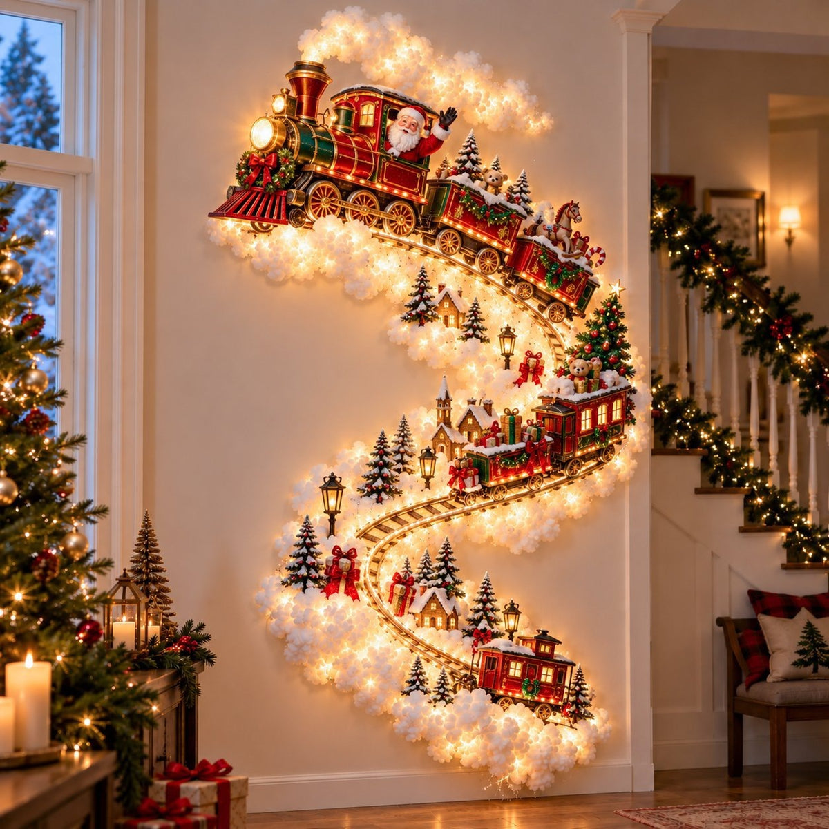 Illustrated Christmas wall display with a Santa train on winding tracks with lights and cotton clouds, Santa Train option