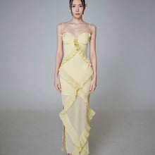 Womens Yellow Spaghetti Strap Slim Fit Asymmetric Ruffle Maxi Dress