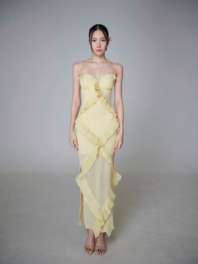 Womens Yellow Spaghetti Strap Slim Fit Asymmetric Ruffle Maxi Dress