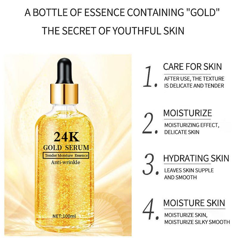 24K gold face serum dropper bottle beside a short list of care, moisturise and hydrate points