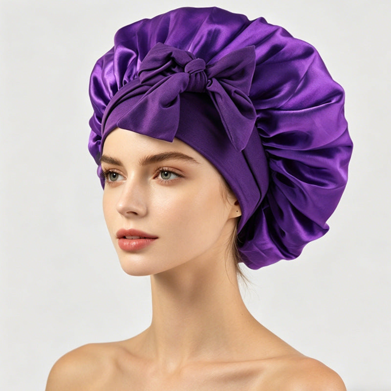Smooth satin sleep bonnet with long ties, roomy enough for curls or braids