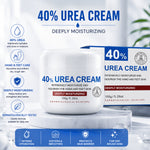 40% urea cream white jar and box on a stand with moisturizing skincare feature icons