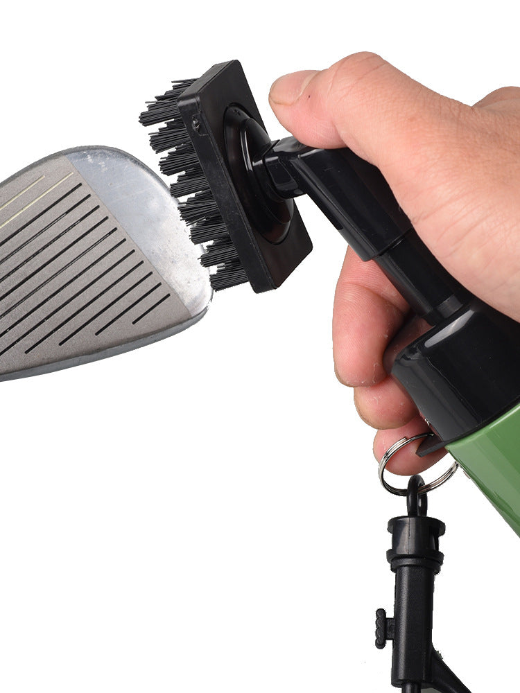 Green golf club cleaner with a 150 ml press spray bottle and a hanging clip