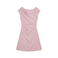 A-line cap sleeve ruched waist mini dress in soft stretch knit, full length view of the flared A-line skirt