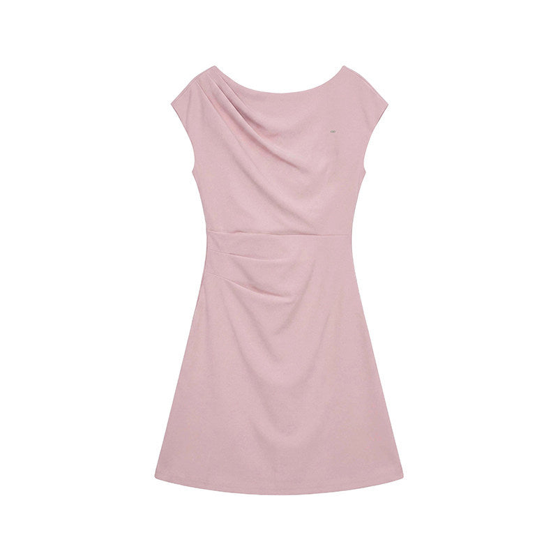 A-line cap sleeve ruched waist mini dress in soft stretch knit, full length view of the flared A-line skirt