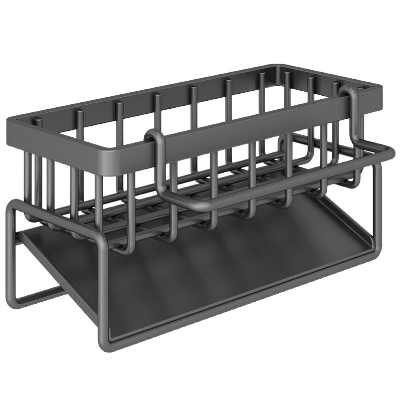 Gunmetal carbon steel sink caddy with drain tray and cloth rod shown on a white background