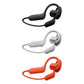 Black, white and orange open-ear Bluetooth headsets stacked on white, showing the three color options