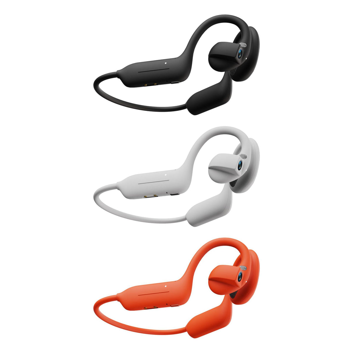 Black, white and orange open-ear Bluetooth headsets stacked on white, showing the three color options
