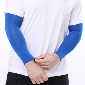 Front view of a pair of cooling arm sleeves showing the full wrist to upper arm length