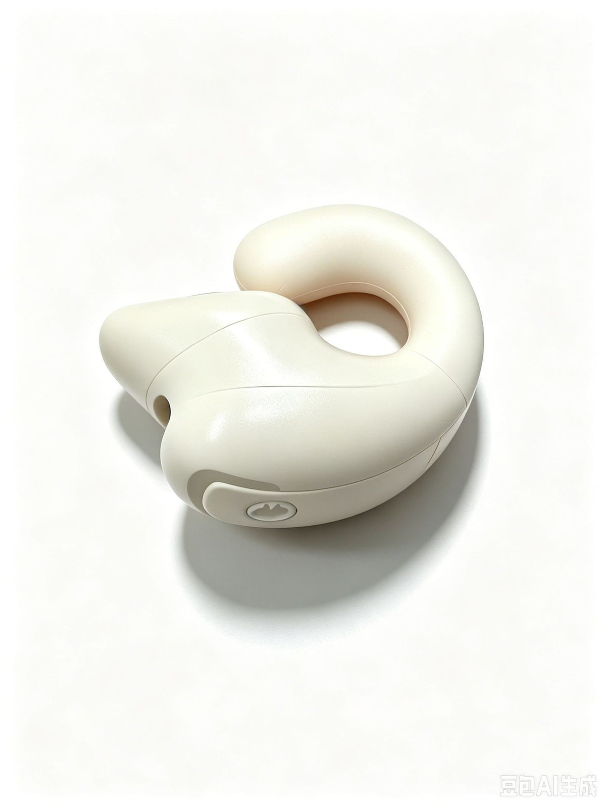 Pale pink option, Boxed: cream colored clip-on earphone with a round button on a white background