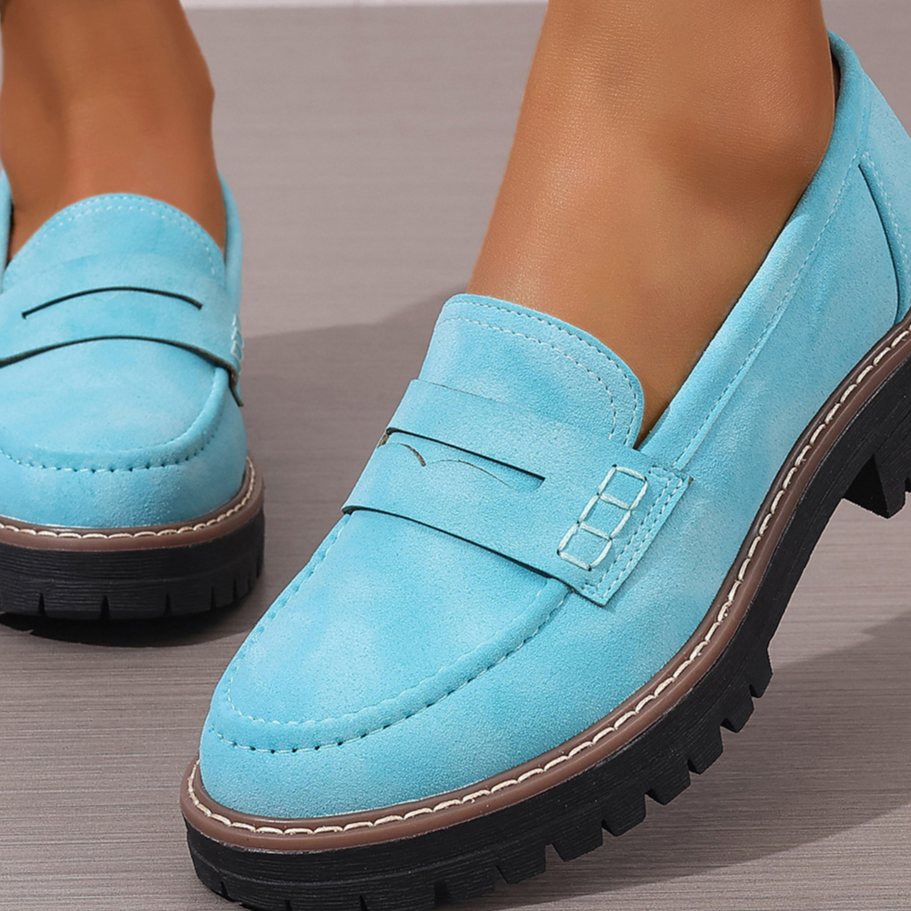 Sky Blue women's penny loafer with chunky lug sole and 4 cm heel, size EU 39 option