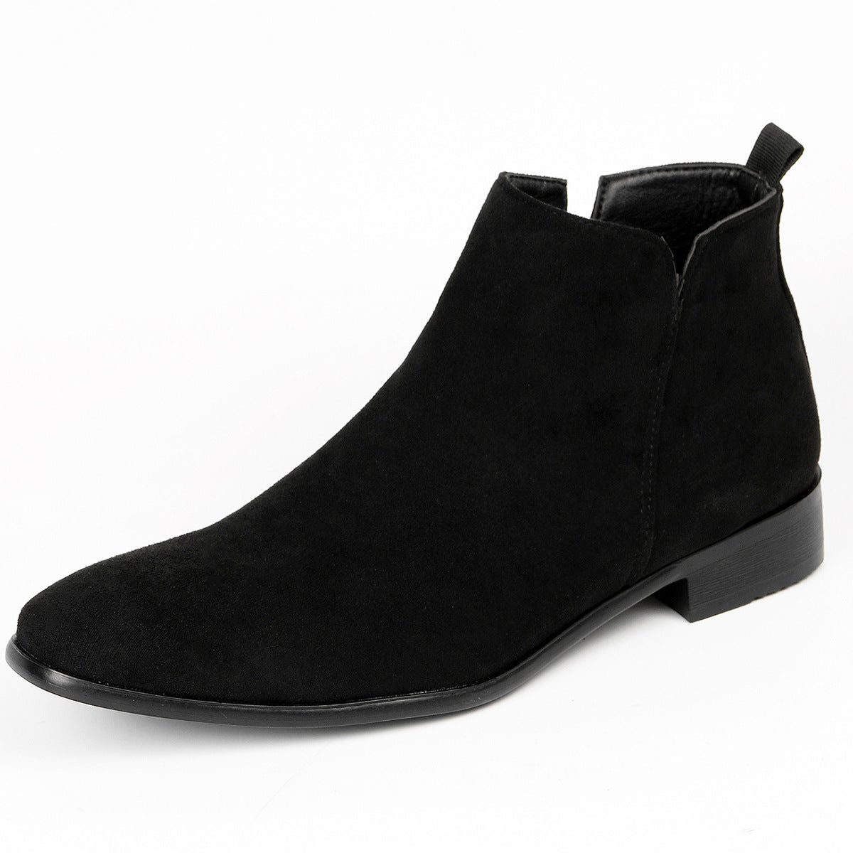 Suede black variant, size 49: black suede ankle boot with a square toe and a low heel on white