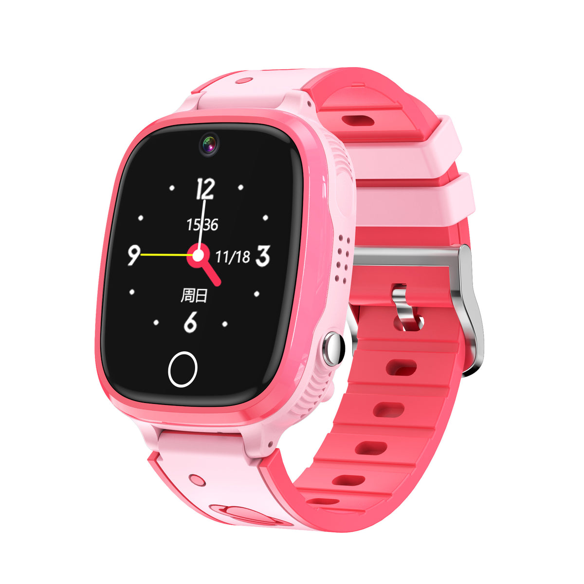 Pink children's smart watch with an analog clock face on a pink and coral strap, angled view