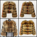 Four views of a cropped banded fur coat in tan and dark brown tones with red measurement arrows