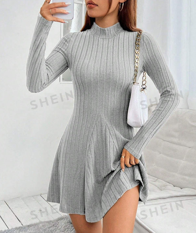 Light gray ribbed knit mock neck fit and flare dress worn with a white shoulder bag, option Light gray S