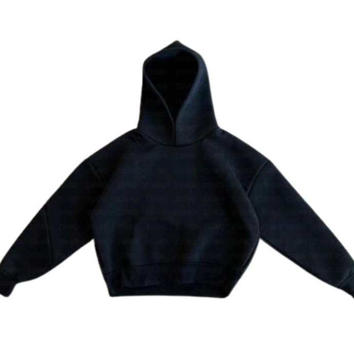 Boxy cropped grey white hoodie with dropped shoulder and ribbed cuffs from the front
