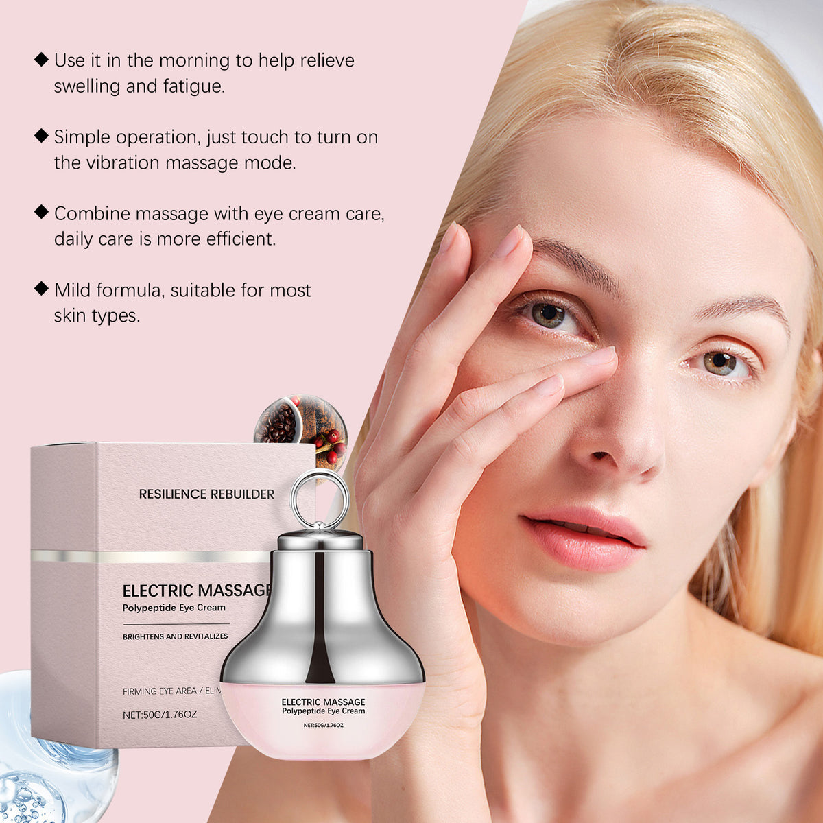Eye cream jar and box shown with a model using the touch-start vibration massage