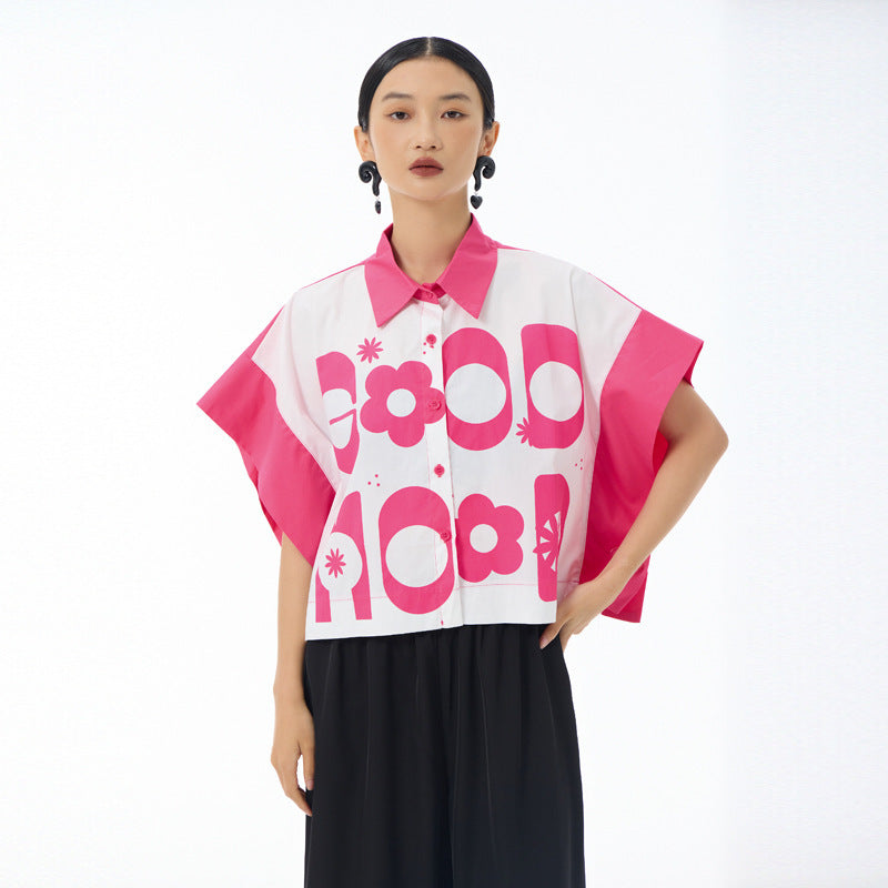 Rose red Good Mood cropped shirt front view with pointed collar and button placket