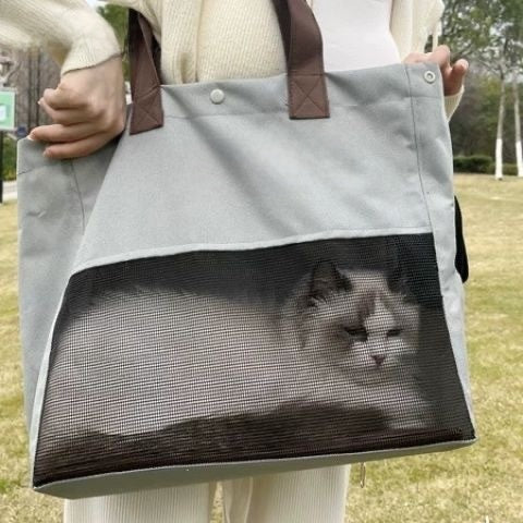 Gray Oxford cat carrier tote held on the arm with a cat resting inside behind the mesh window