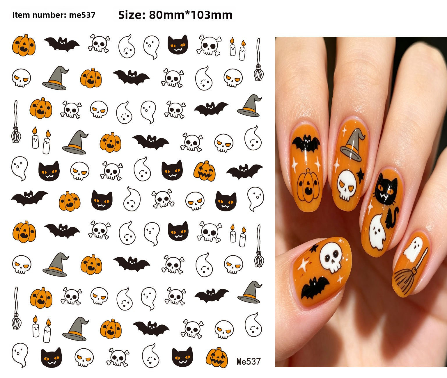 Festive Halloween nail decals mixing pumpkins, bats and spiders