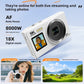 White camera angled with autofocus, 8000W pixel and 18x zoom callouts above two sample photos