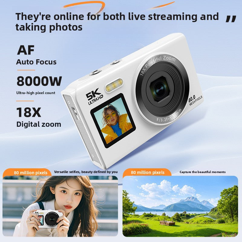 White camera angled with autofocus, 8000W pixel and 18x zoom callouts above two sample photos