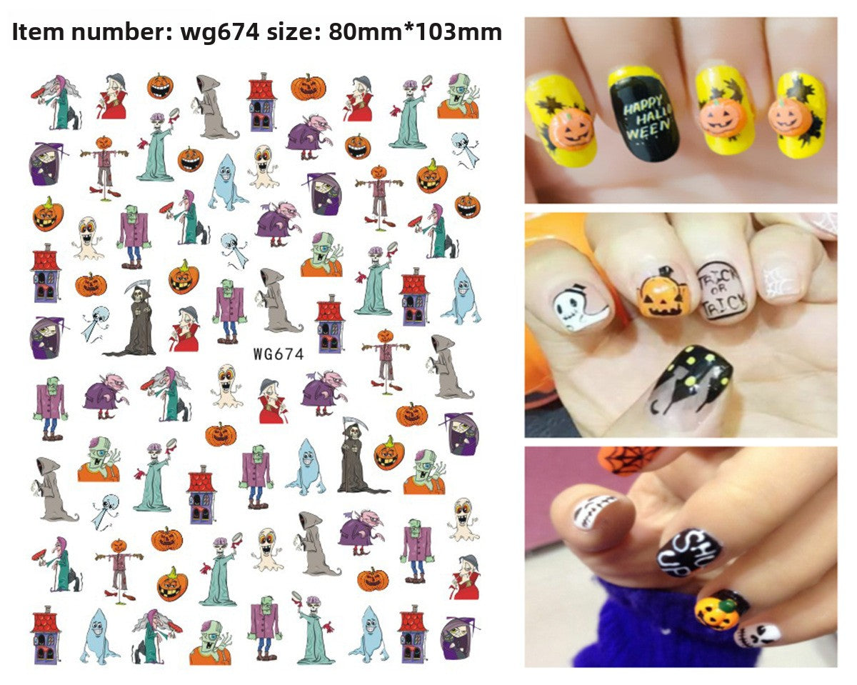 Self adhesive vinyl nail decals with grinning skull and pumpkin art