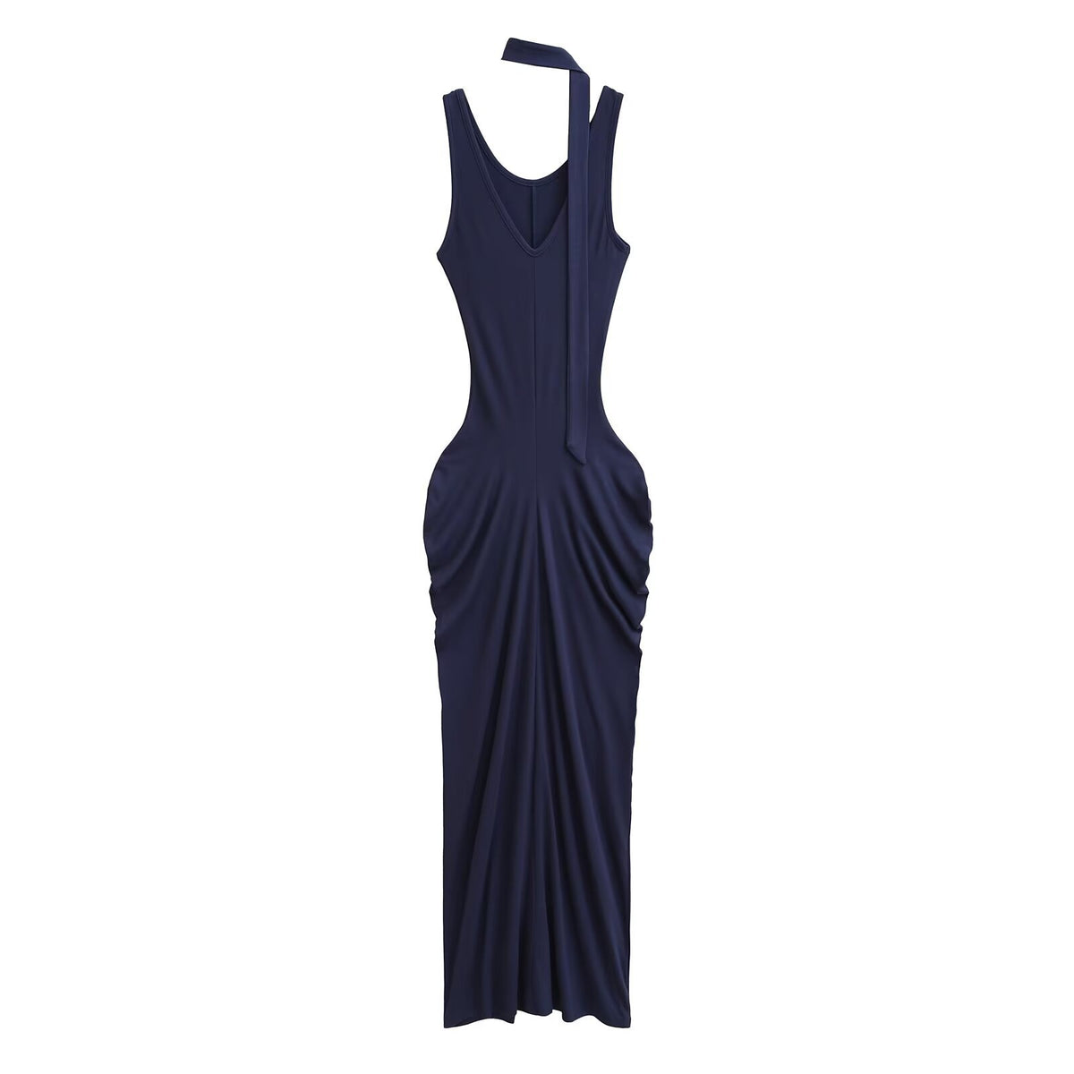 Solid colour ruched maxi dress falling to the floor with a front slit