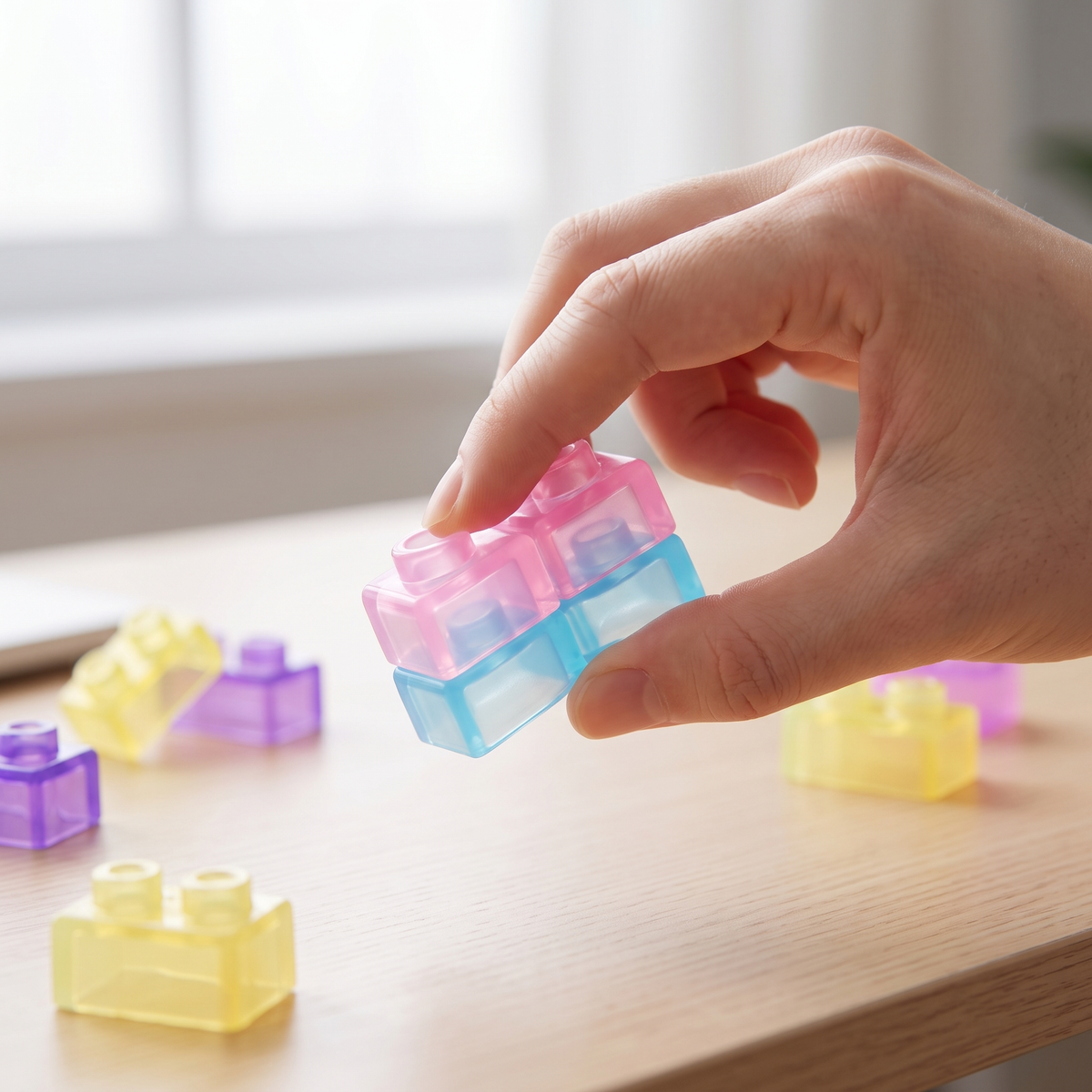 Hand gently squeezing soft translucent jelly building blocks