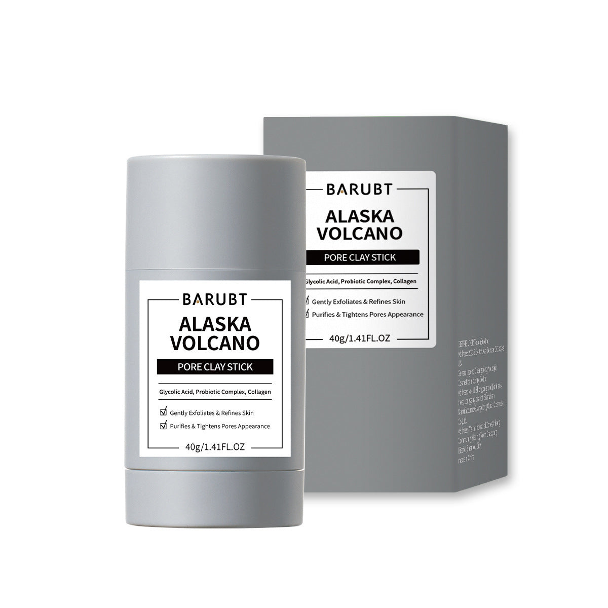 Gray BARUBT Alaska Volcano pore clay stick with its carton behind it on a white background