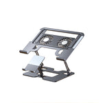 Black foldable laptop stand with two round fans, adjustable arms and a fold-out phone holder, white background